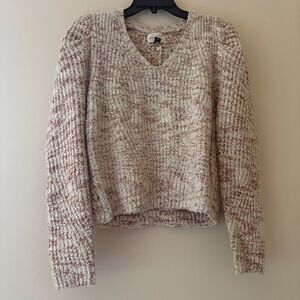 Universal Thread S Cream Rust Marled Chenille Puff Sleeve V Neck Sweater